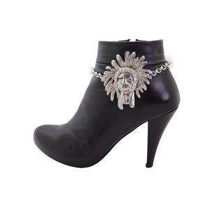 Women Silver Chain Boot Western Bracelet Shoe American Indian Head Charm Anklet